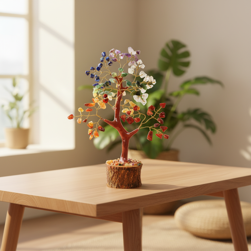 Seven Chakra crystal tree displayed on a wooden table in a calm home space