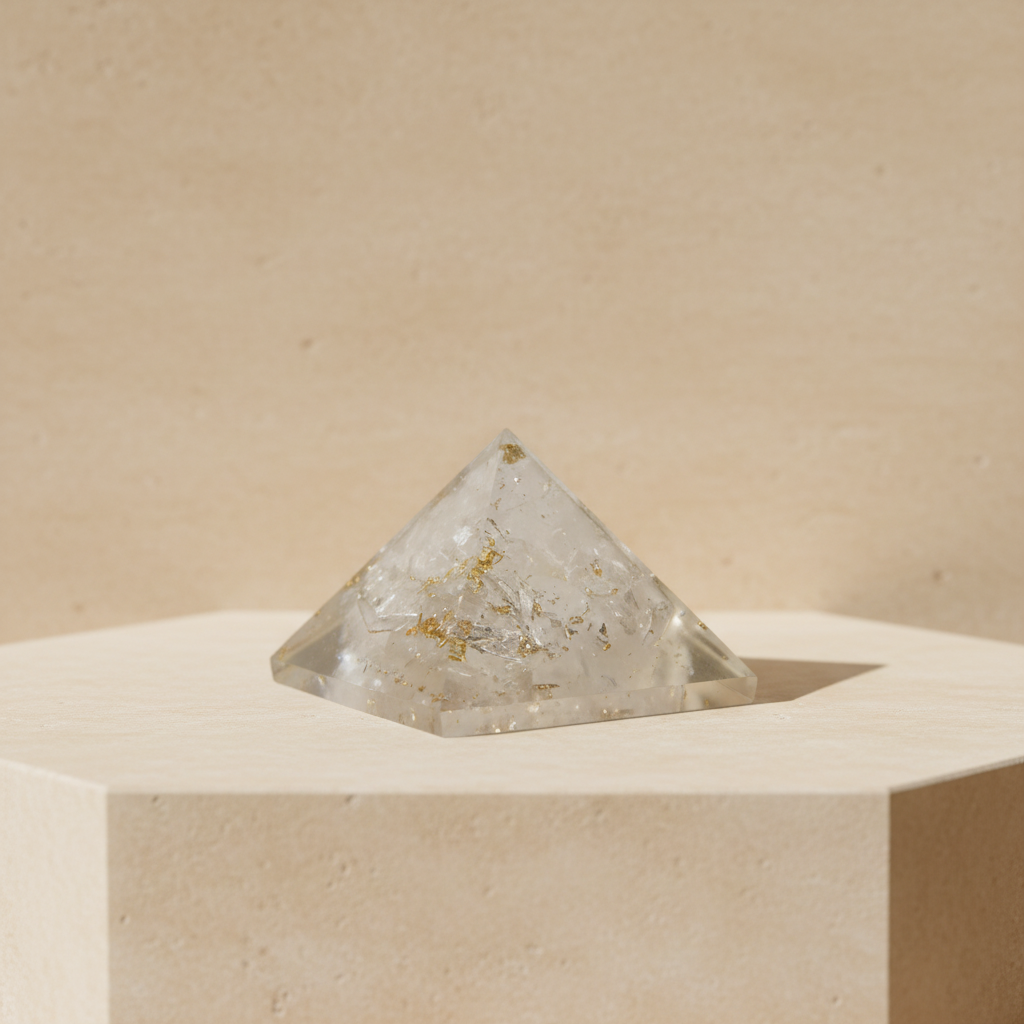 White translucent selenite pyramid displayed on a light stone pedestal