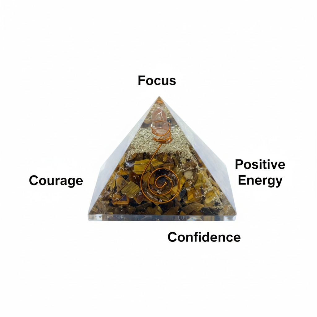 Tiger Eye crystal pyramid with courage, focus, positive energy and confidence labels