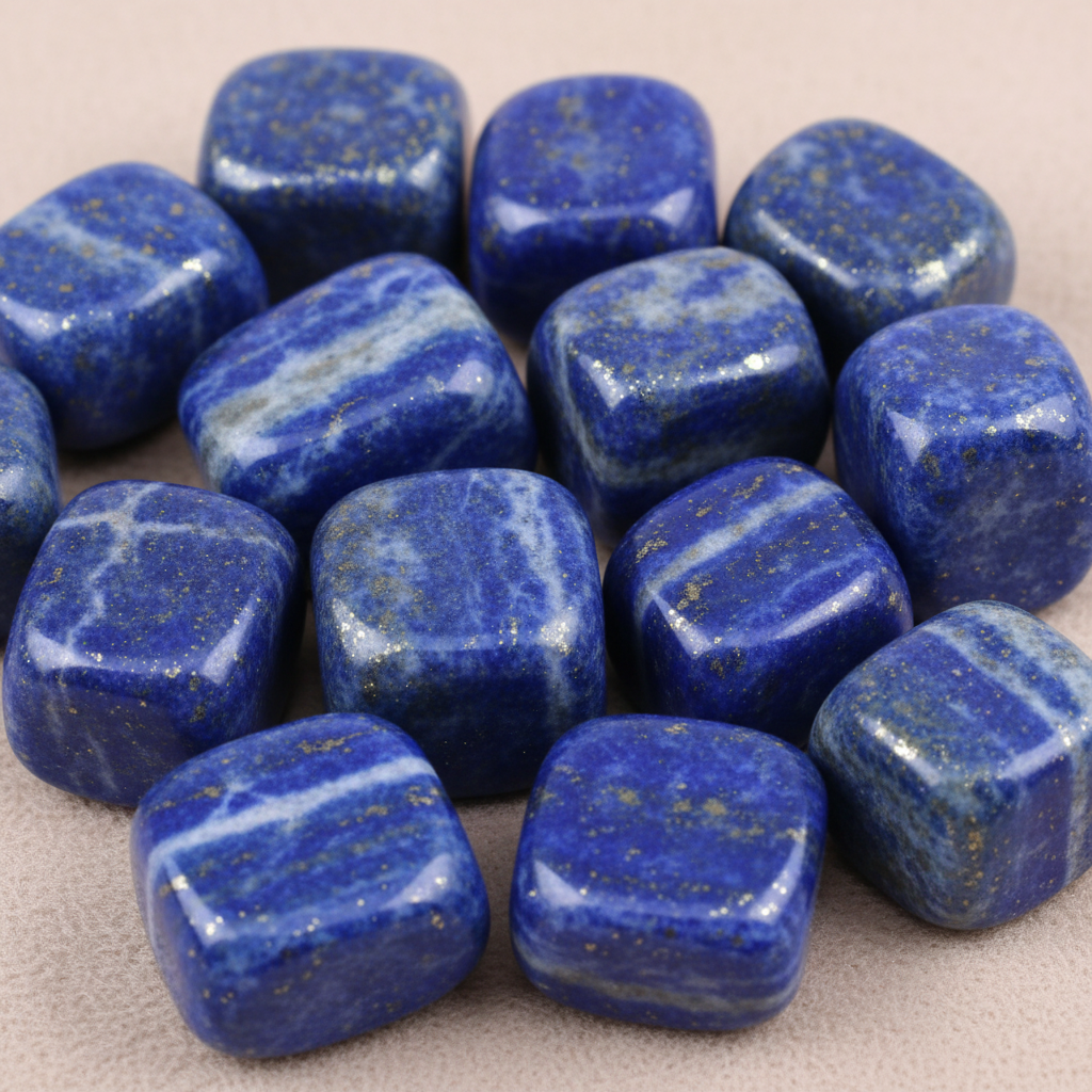 Close-up of smooth polished Lapis Lazuli tumble stones with blue colour, white veining, and golden flecks