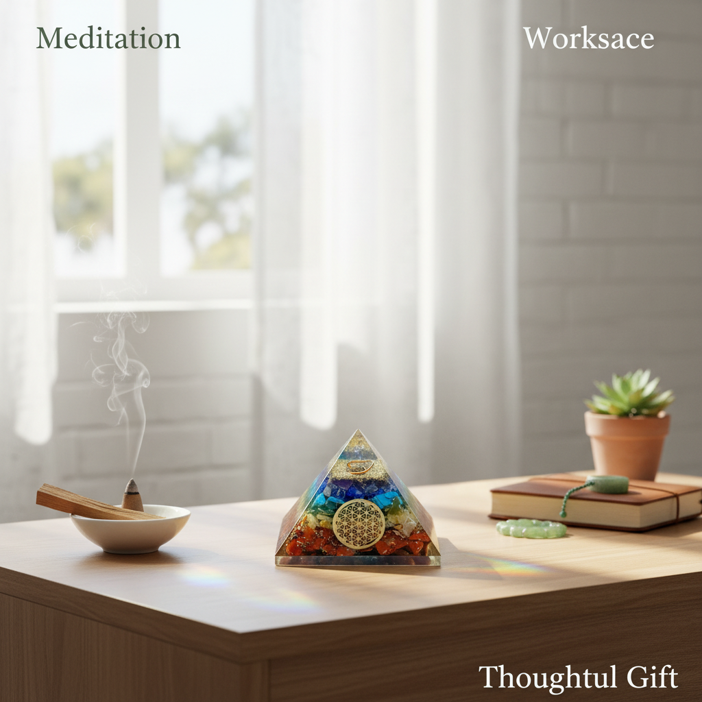 7 Chakra Yantra crystal pyramid displayed in a meditation and workspace setting