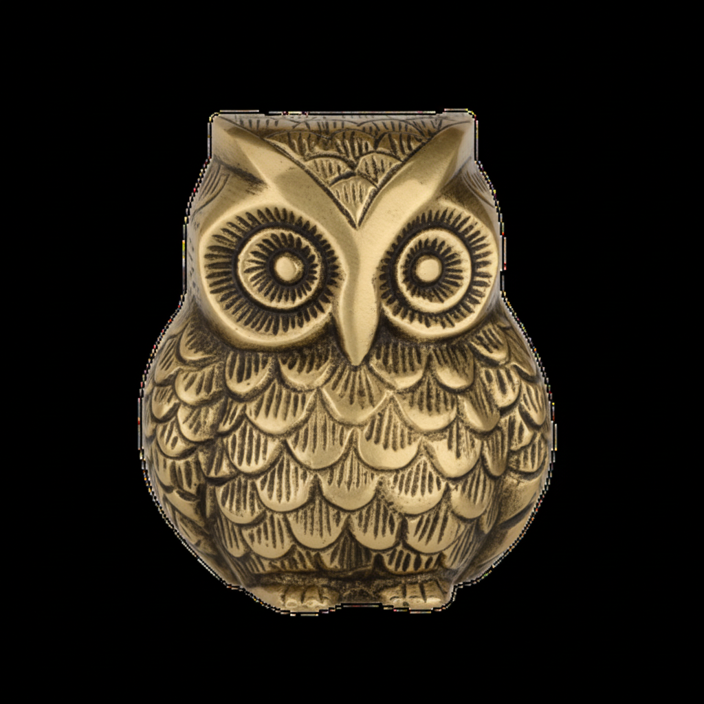 Slight angle view of the antique gold-bronze owl decor piece