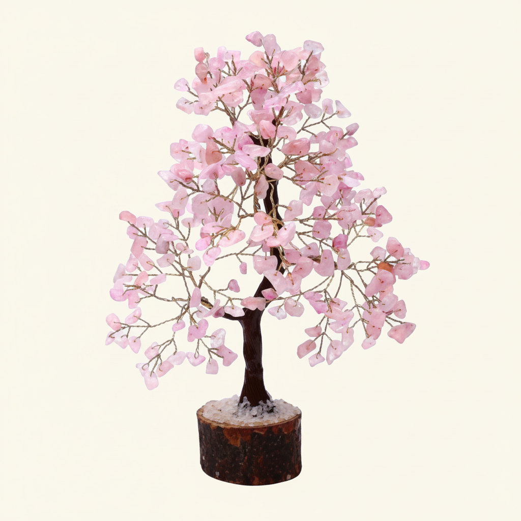 Rose Quartz crystal tree with soft pink chips, dark trunk, and natural wood base on an ivory background