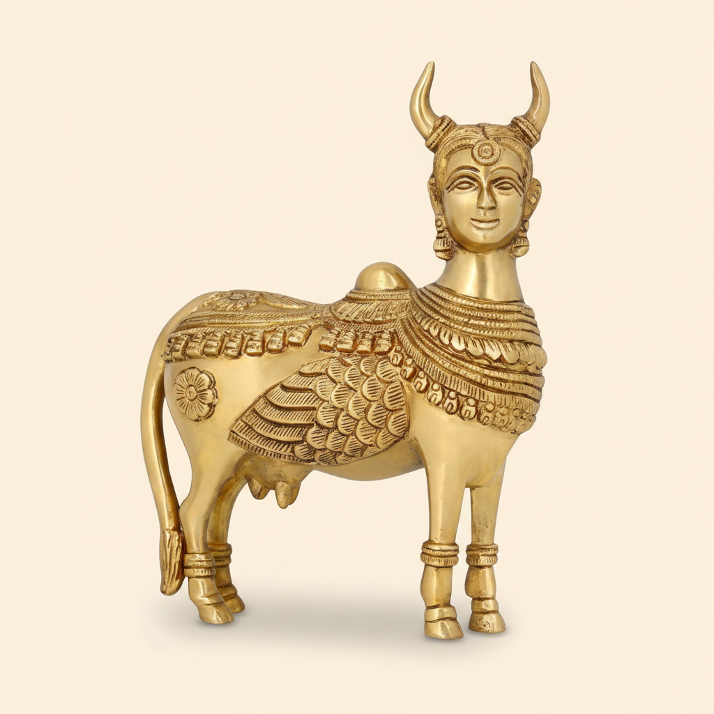 Kamdhenu Cow golden statue on a warm ivory studio background