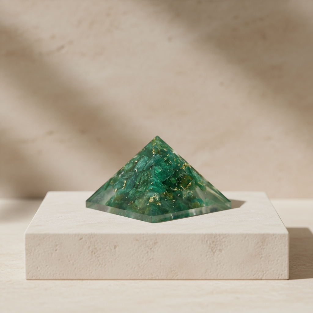 Green aventurine pyramid displayed on a light stone pedestal