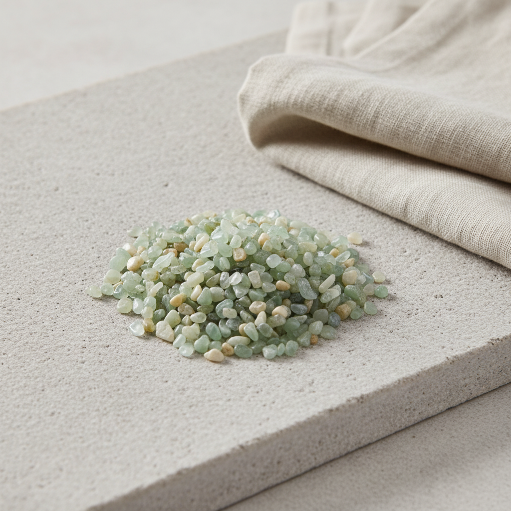 Prehnite crystal chips arranged with neutral linen décor