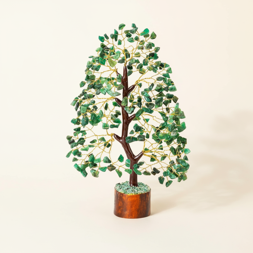 Green Aventurine crystal tree with green chips, golden branches, and a warm wood base on an ivory background