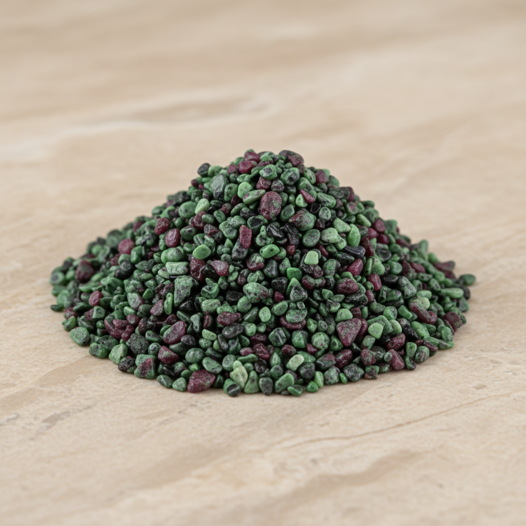 Ruby-Zoisite Crystal Chips arranged on a warm neutral stone surface
