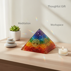 7 Chakra Orgone Tree pyramid displayed in a meditation and workspace setting