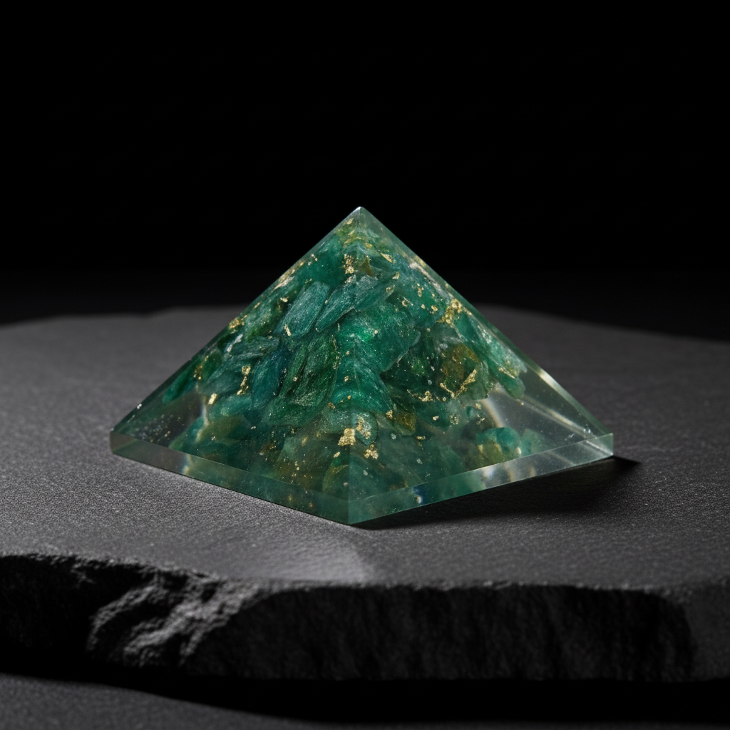 Green aventurine pyramid on a dark stone surface with a black studio background
