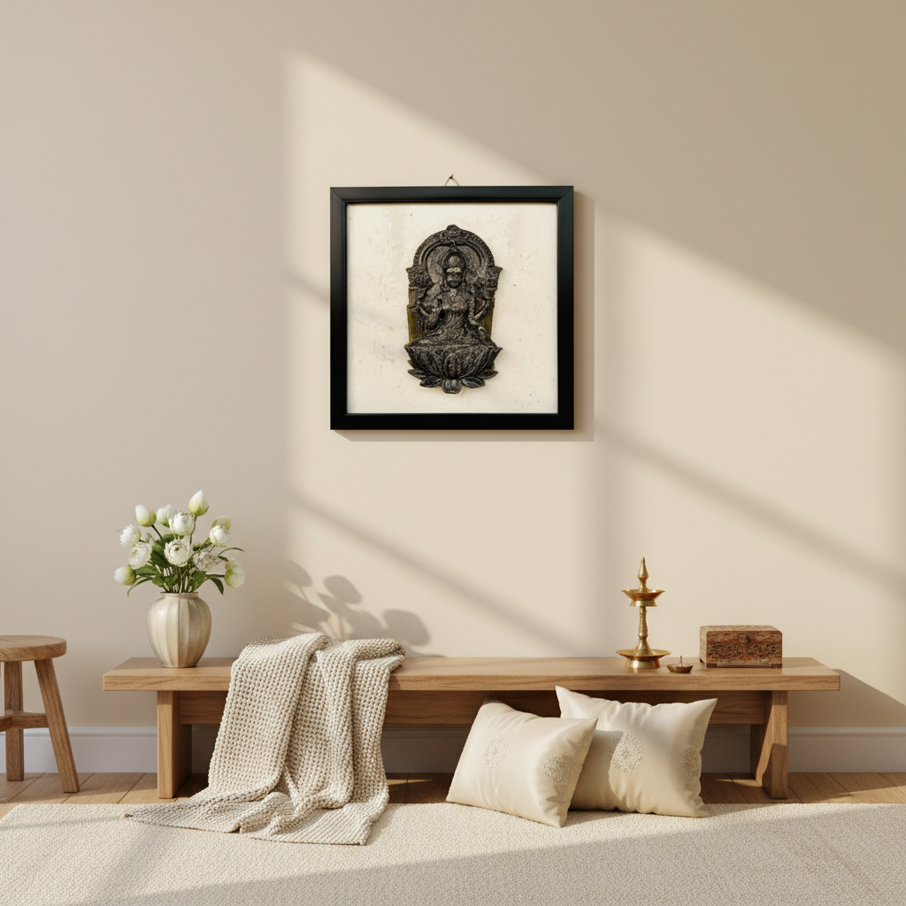 Square 1:1 Laxmi framed painting poster styled in an elegant prayer corner