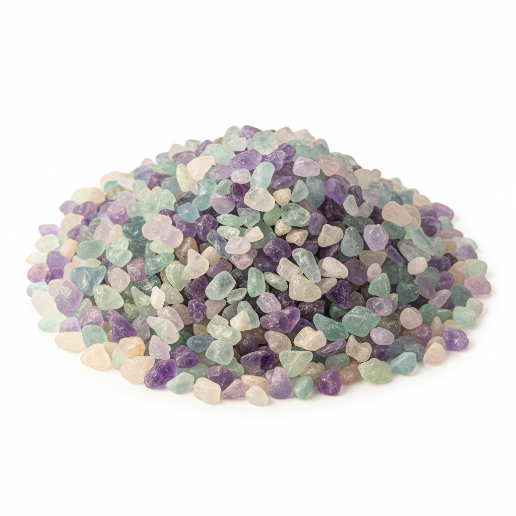 Close-up pile of Fluorite crystal chips on a light background