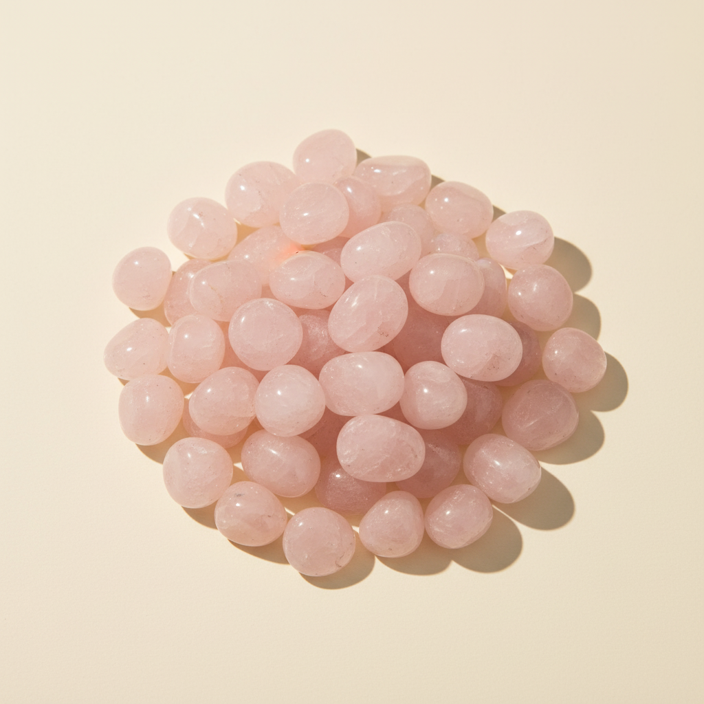 Polished Rose Quartz tumble stones arranged on an ivory studio background