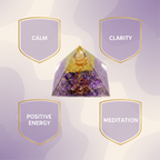 Amethyst crystal pyramid with calm, clarity, positive energy and meditation benefits
