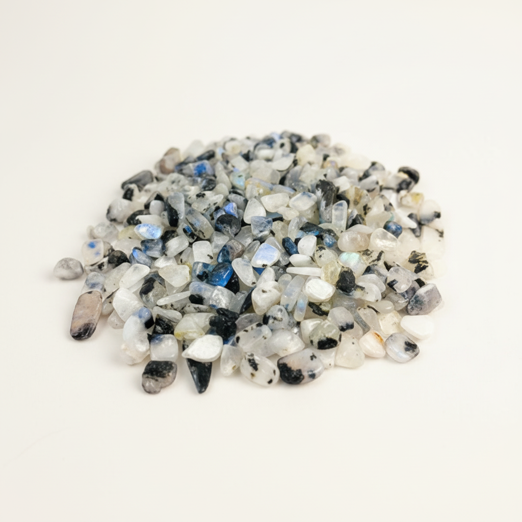 Close-up pile of Rainbow Moonstone crystal chips on a light background