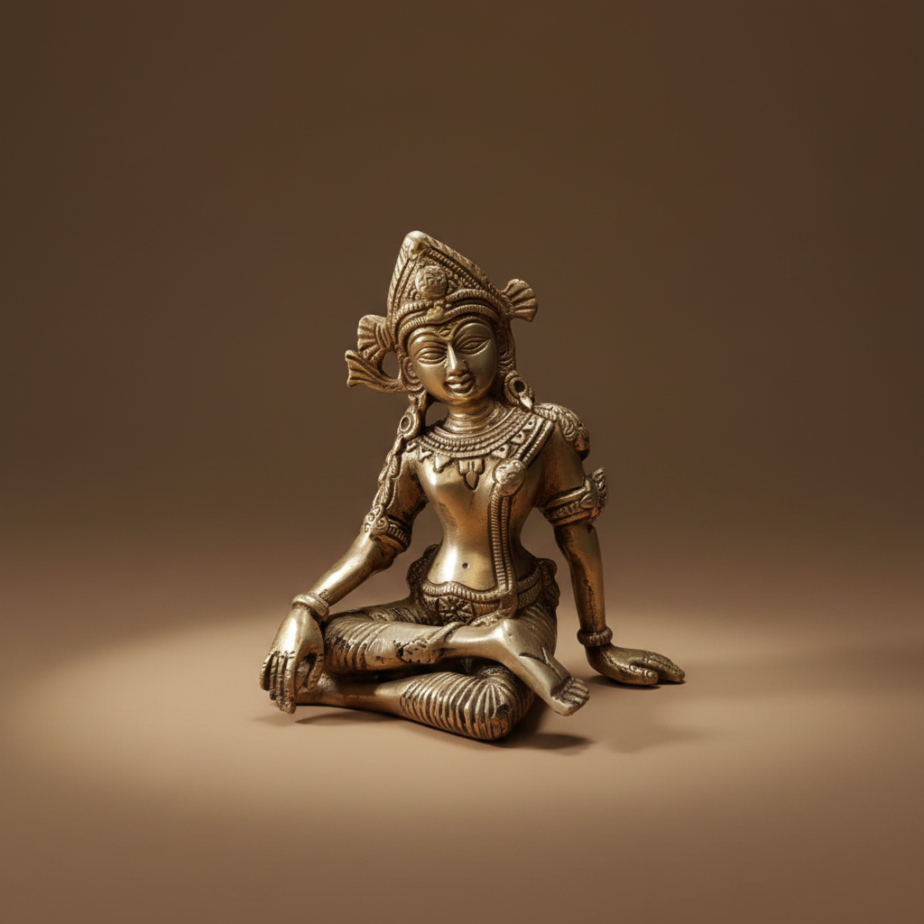 Seated Indra Dev idol shown in a warm studio setting