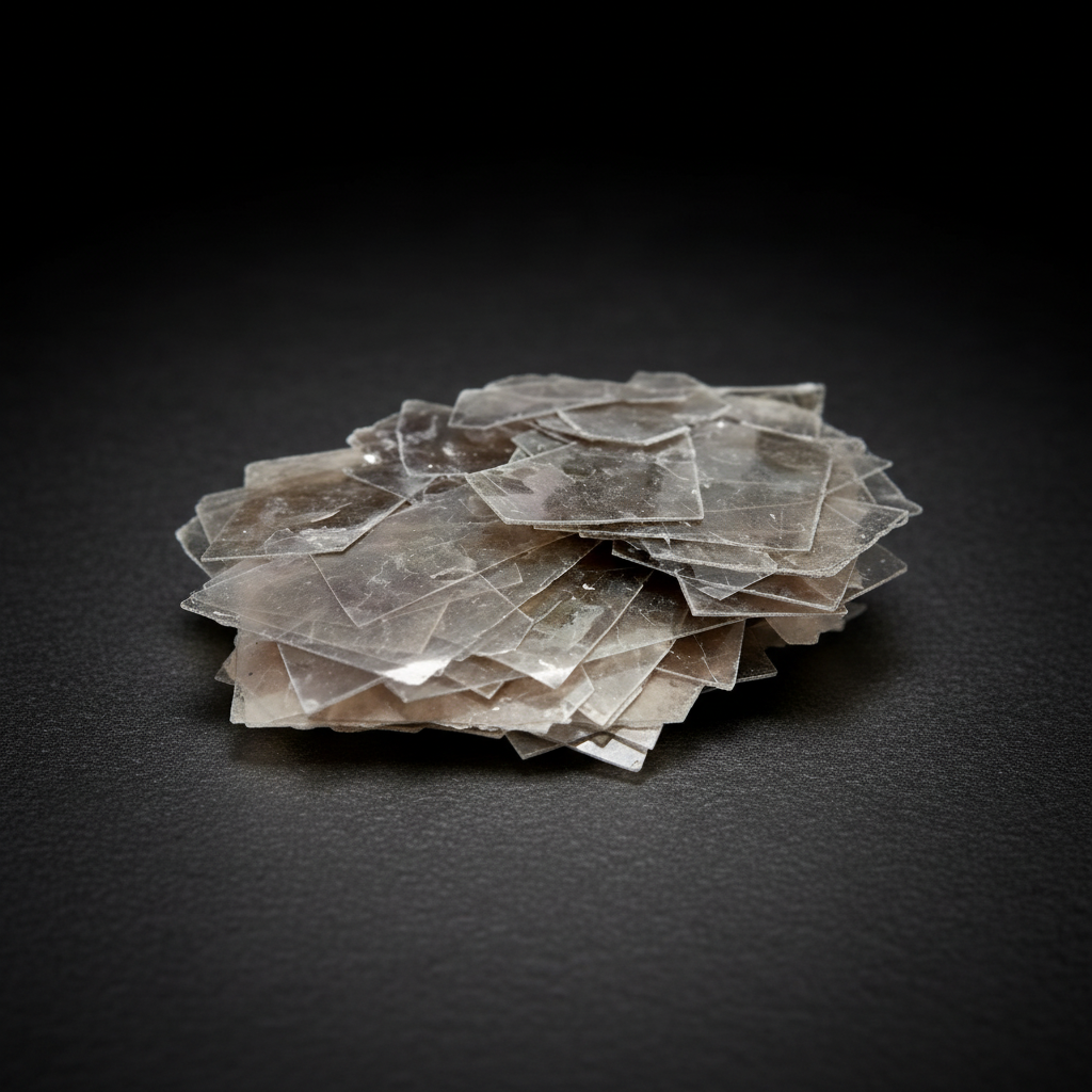 Layered silvery muscovite chips on a dark stone surface with a black studio background