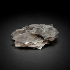 Layered silvery muscovite chips on a dark stone surface with a black studio background