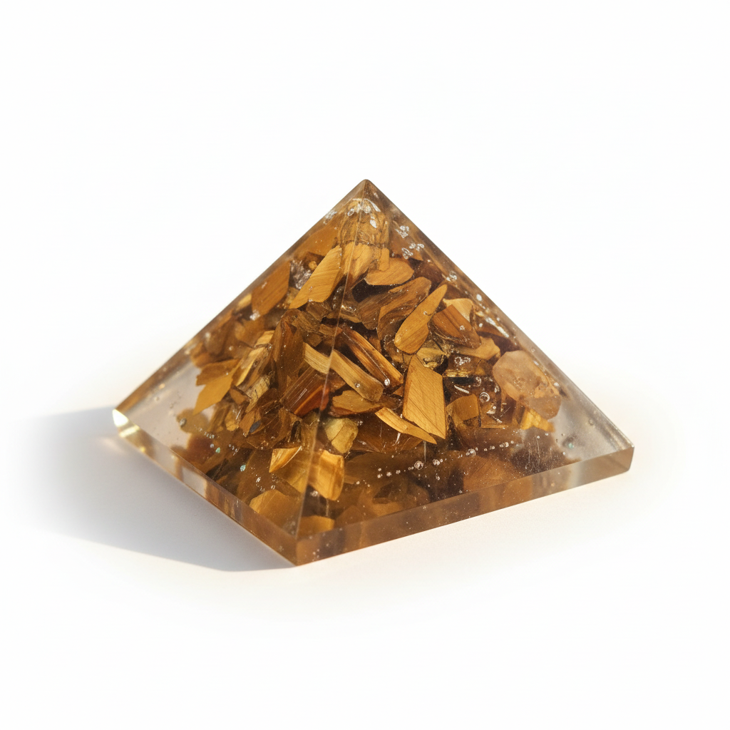 Elevated view of a Tiger Eye crystal pyramid with golden-brown facets