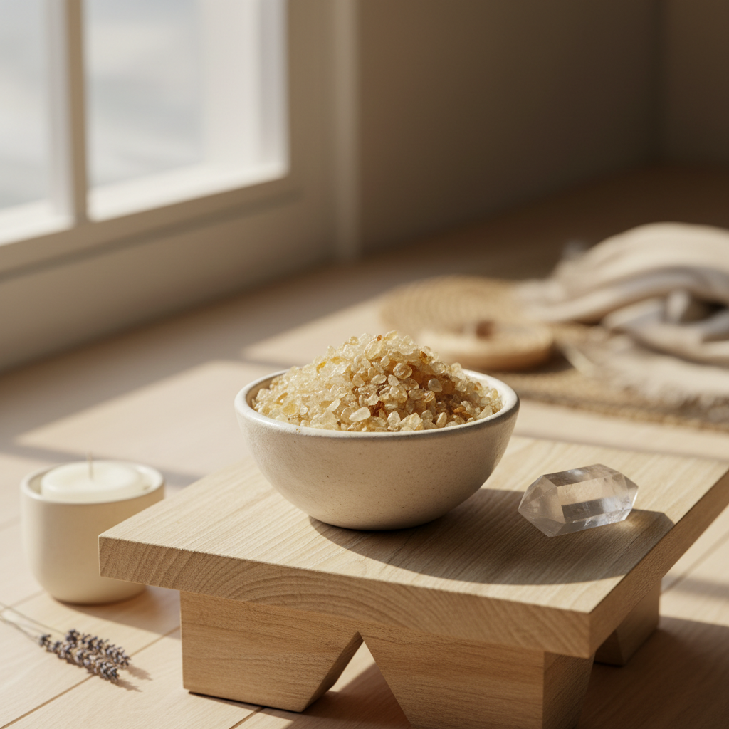 Citrine Crystal Chips in a ceramic bowl in a calm spiritual home setting