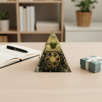 Triangular Pyrite pyramid displayed on a home-office desk beside a notebook and gift box