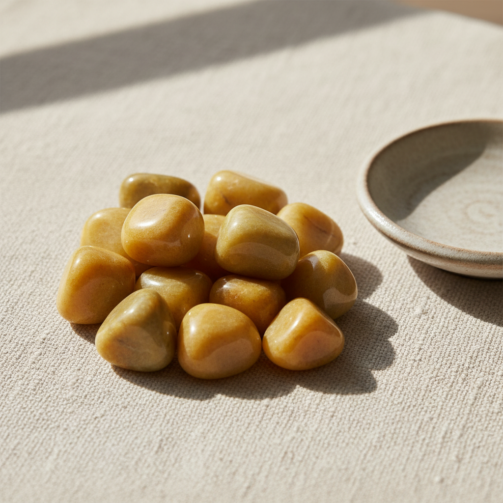 Polished Yellow Jade tumble stones arranged on a neutral linen surface
