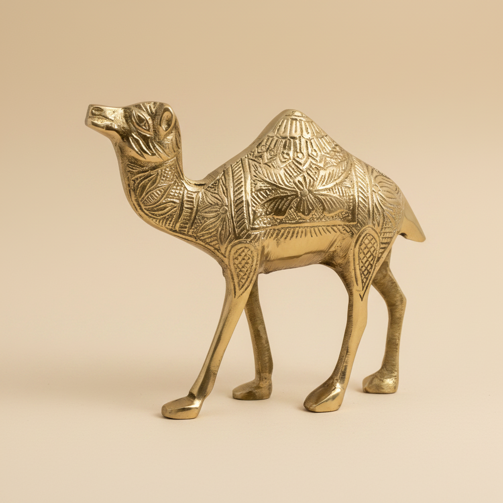 Golden camel statue elevated three-quarter view