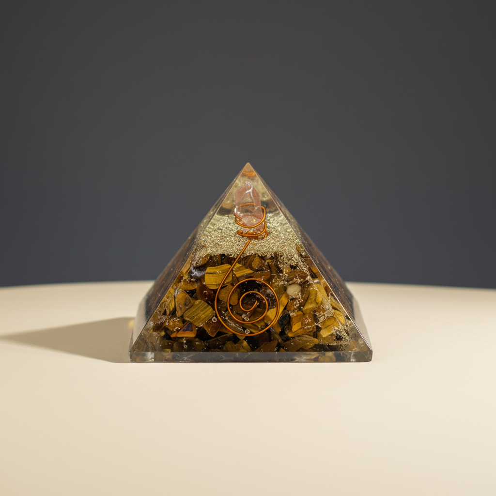 Golden-brown Tiger Eye crystal pyramid on a premium studio background