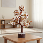 Rudraksha Gomti Chakra tree displayed on a wooden table in a calm spiritual home space