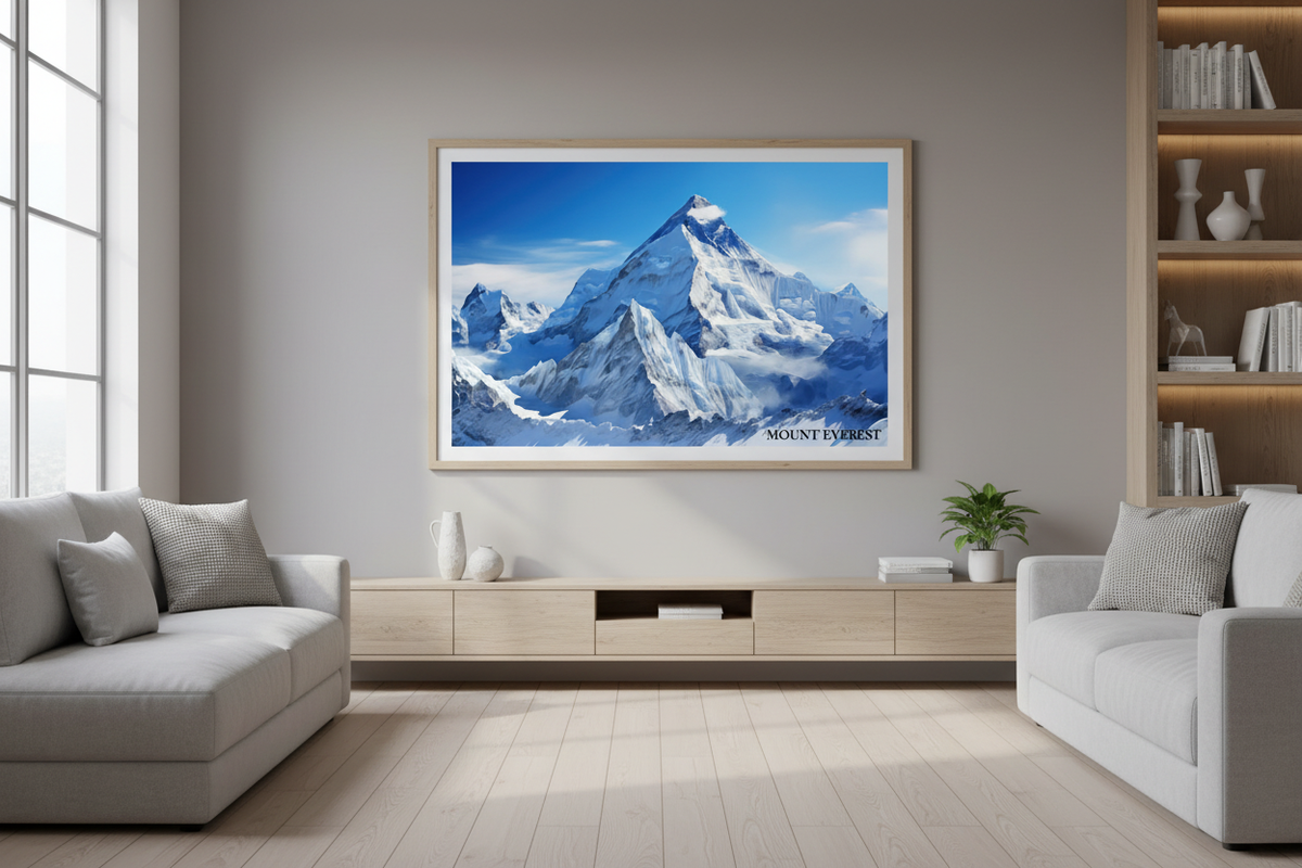 Mount Everest painting poster styled in a modern living room