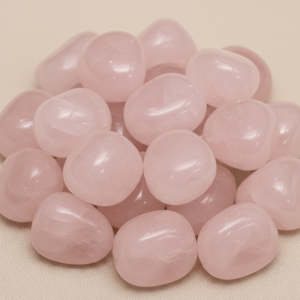 Close-up of smooth polished Rose Quartz tumble stones with a soft pink sheen