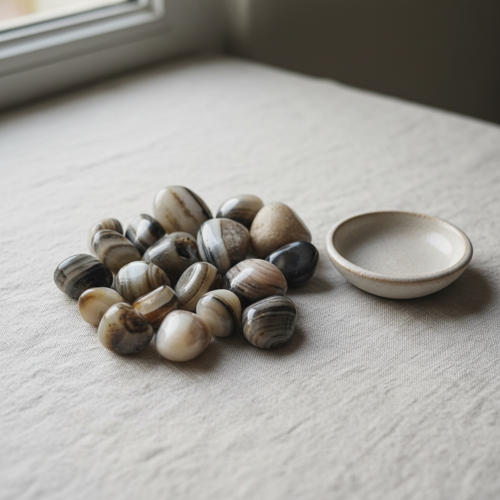 Polished Sulemani tumble stones arranged on a neutral linen surface