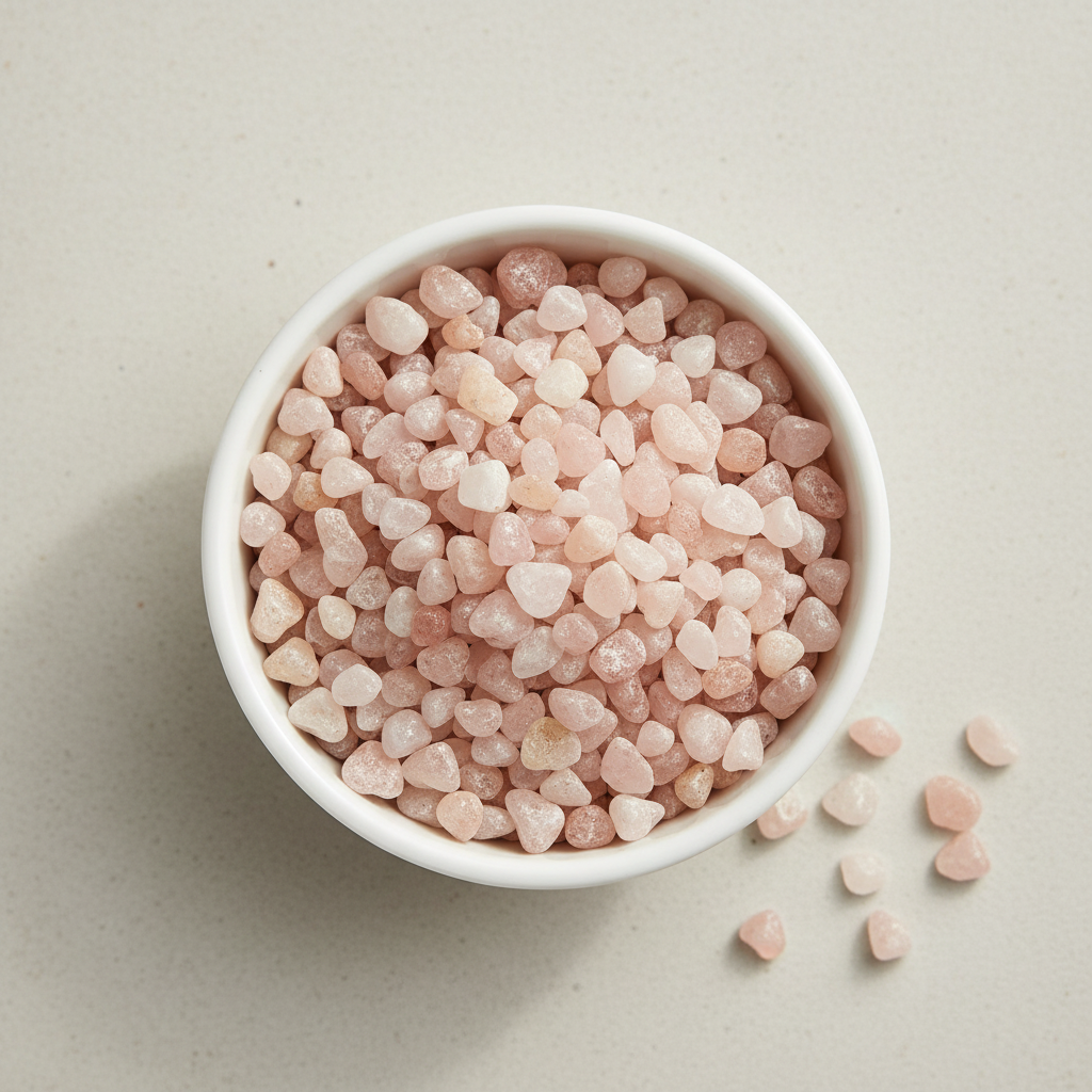 Rose Quartz crystal chips arranged in a white ceramic dish