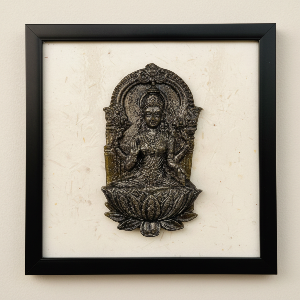 Square 1:1 close view of the detailed Laxmi framed devotional artwork