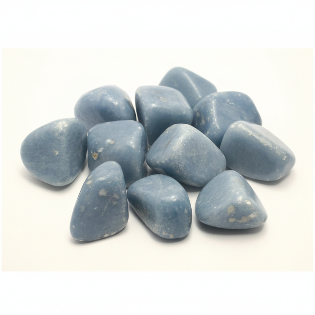 Close-up arrangement of Angelite tumble stones on a light background