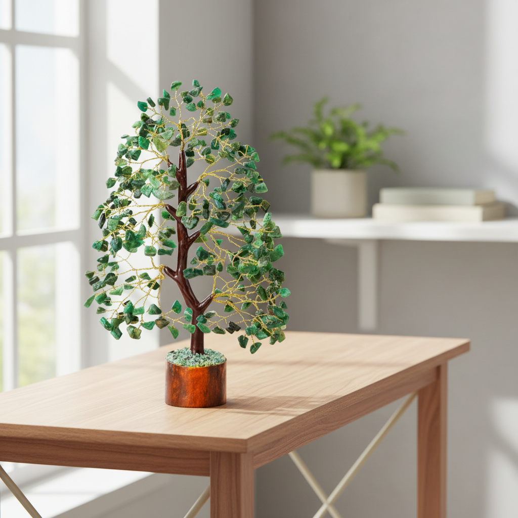 Green Aventurine crystal tree displayed on a wooden table in a bright calm workspace