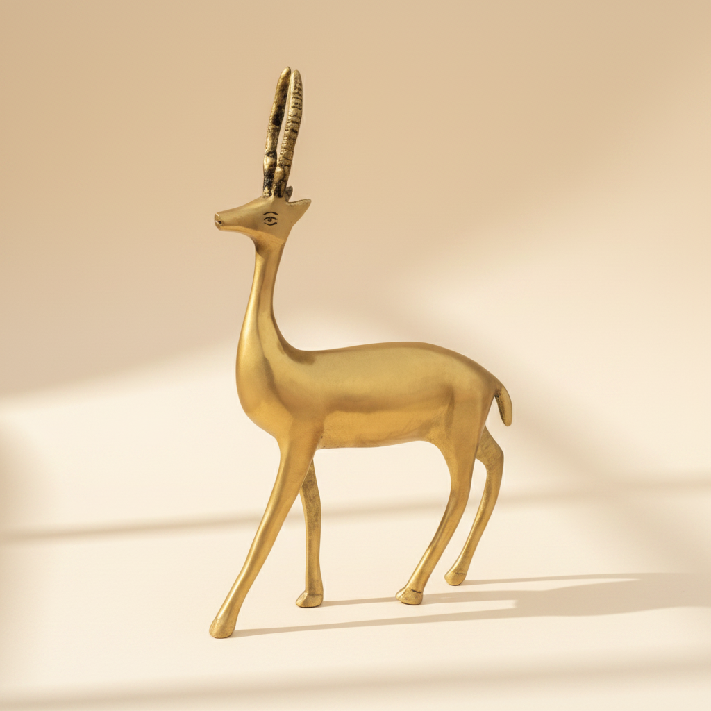 Golden deer statue front three-quarter view