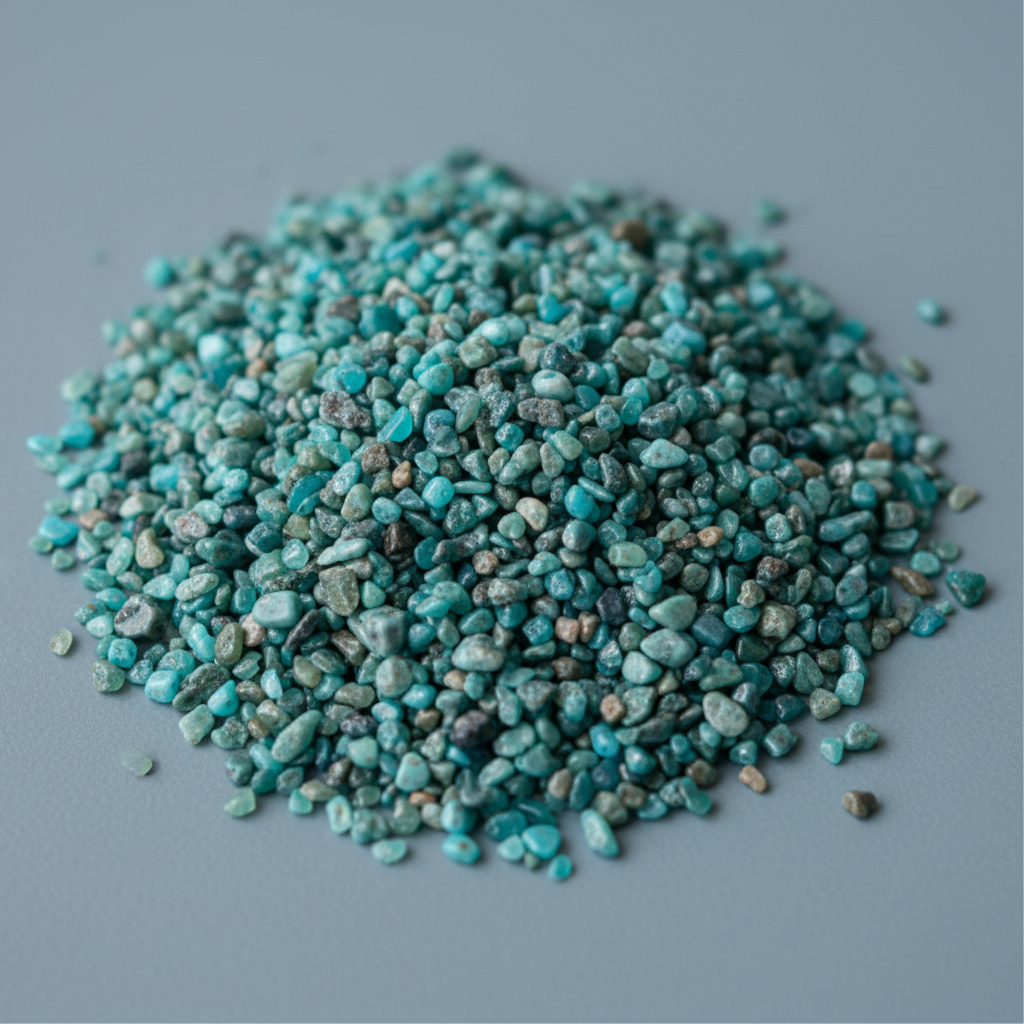 Close-up of natural Blue Apatite tumbled stones and teal crystal chips
