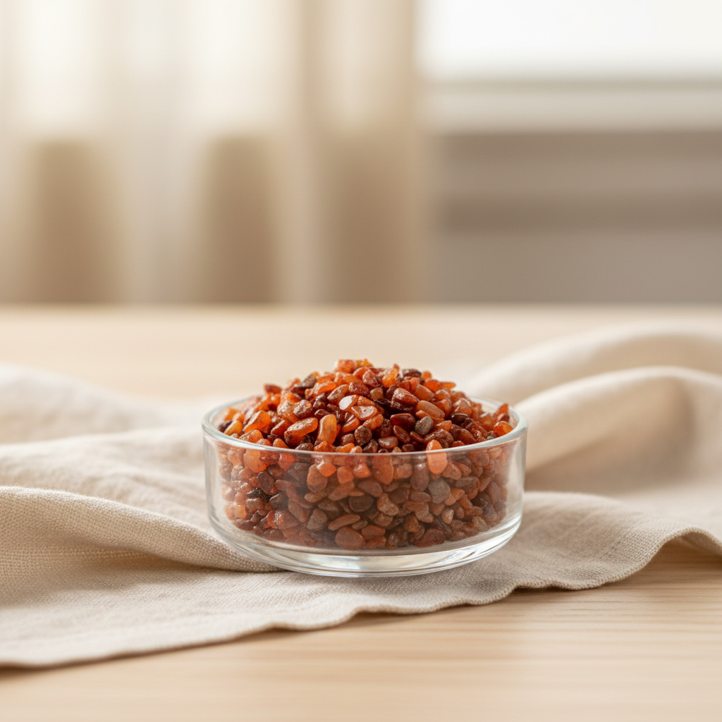 Orange and red Carnelian crystal chips displayed in a glass dish in a warm home setting