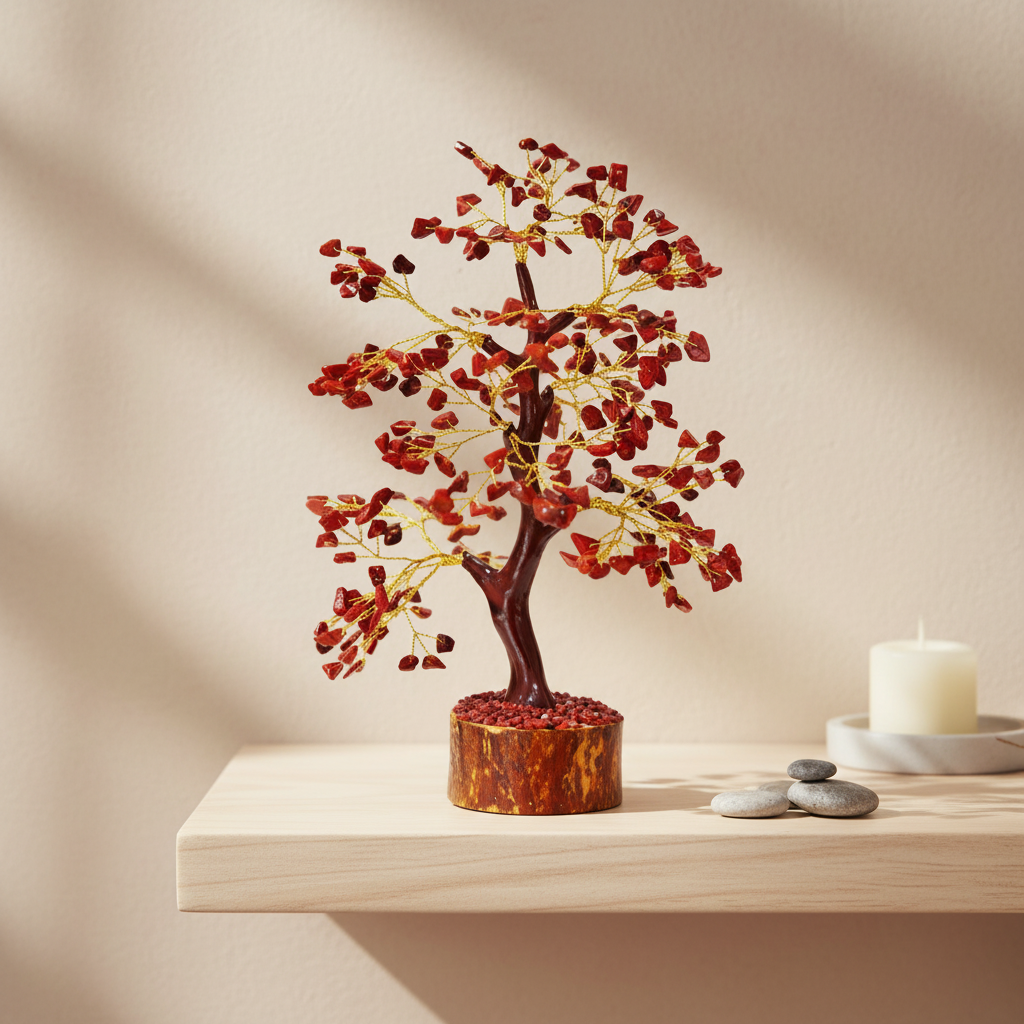Red Jasper crystal tree displayed on a light shelf in a calm warm home space