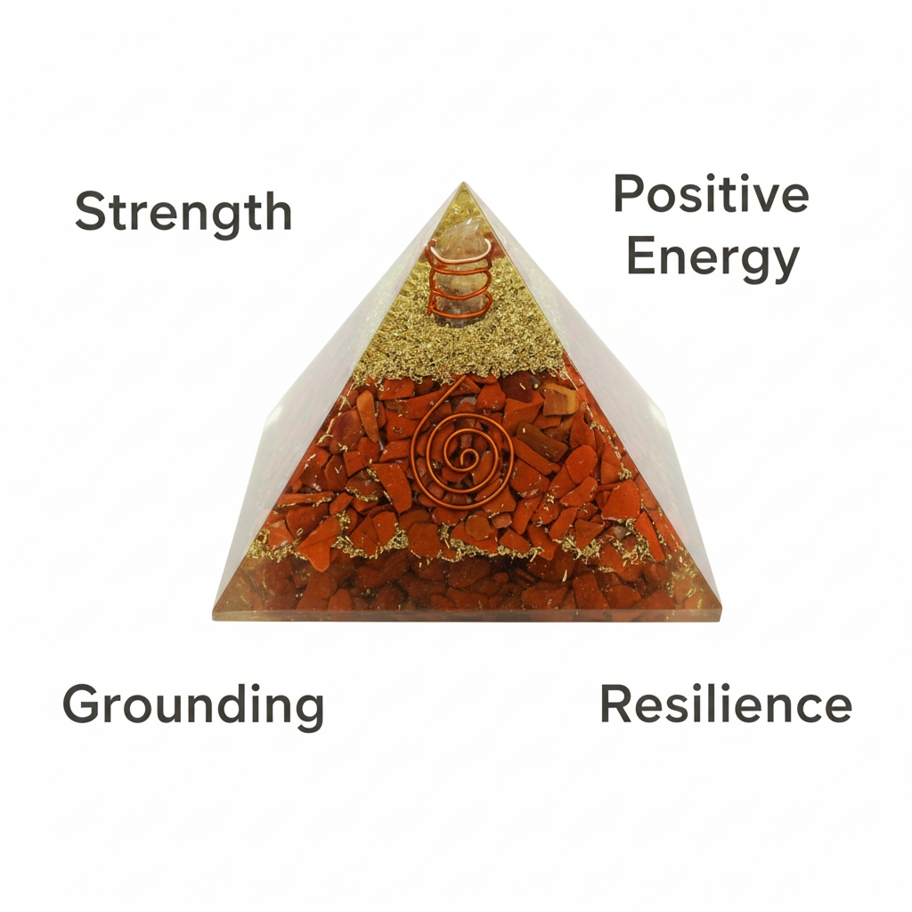 Red Jasper crystal pyramid with strength, grounding, positive energy and resilience labels