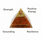 Red Jasper crystal pyramid with strength, grounding, positive energy and resilience labels