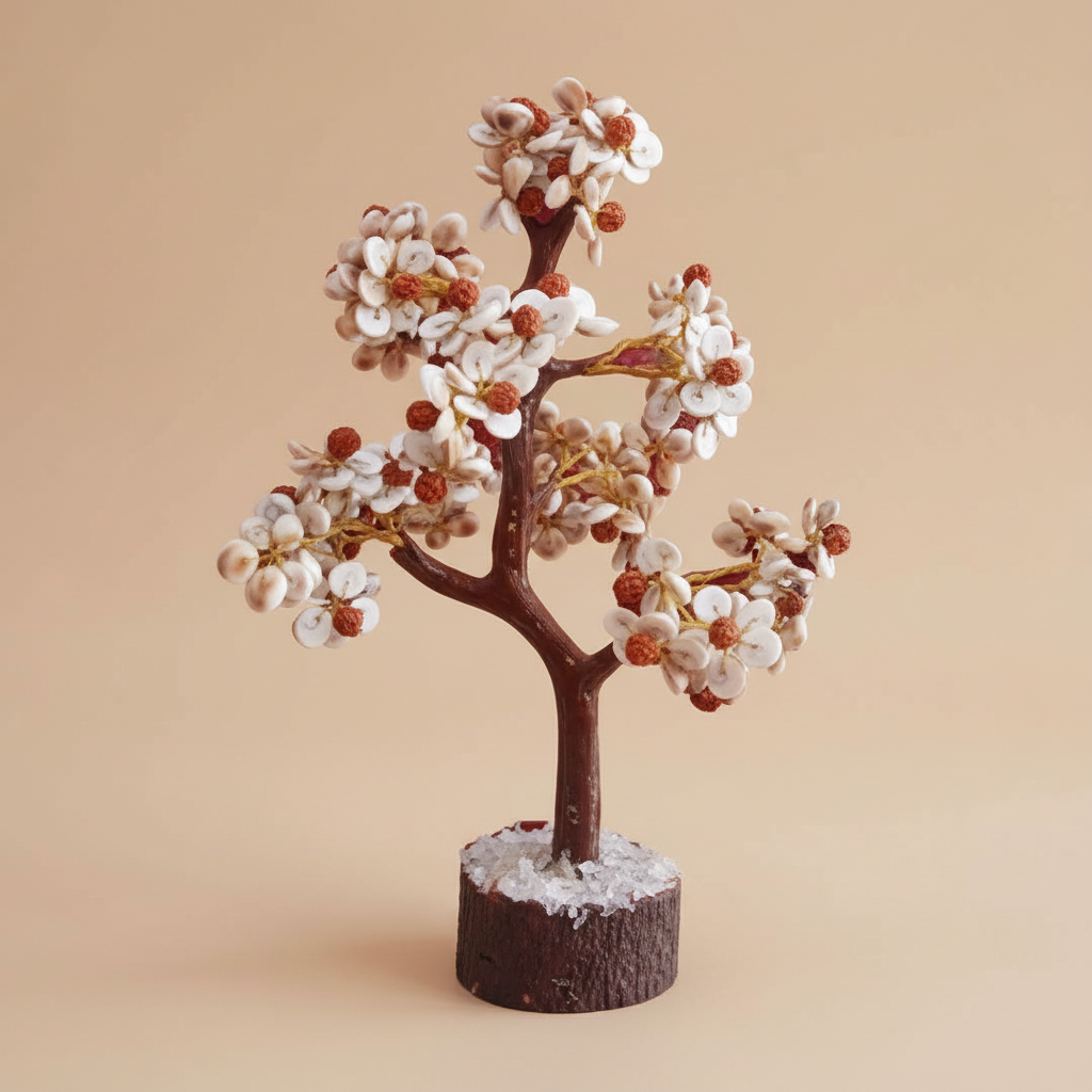 Close three-quarter view of a Rudraksha Gomti Chakra tree with pale stones and red accents