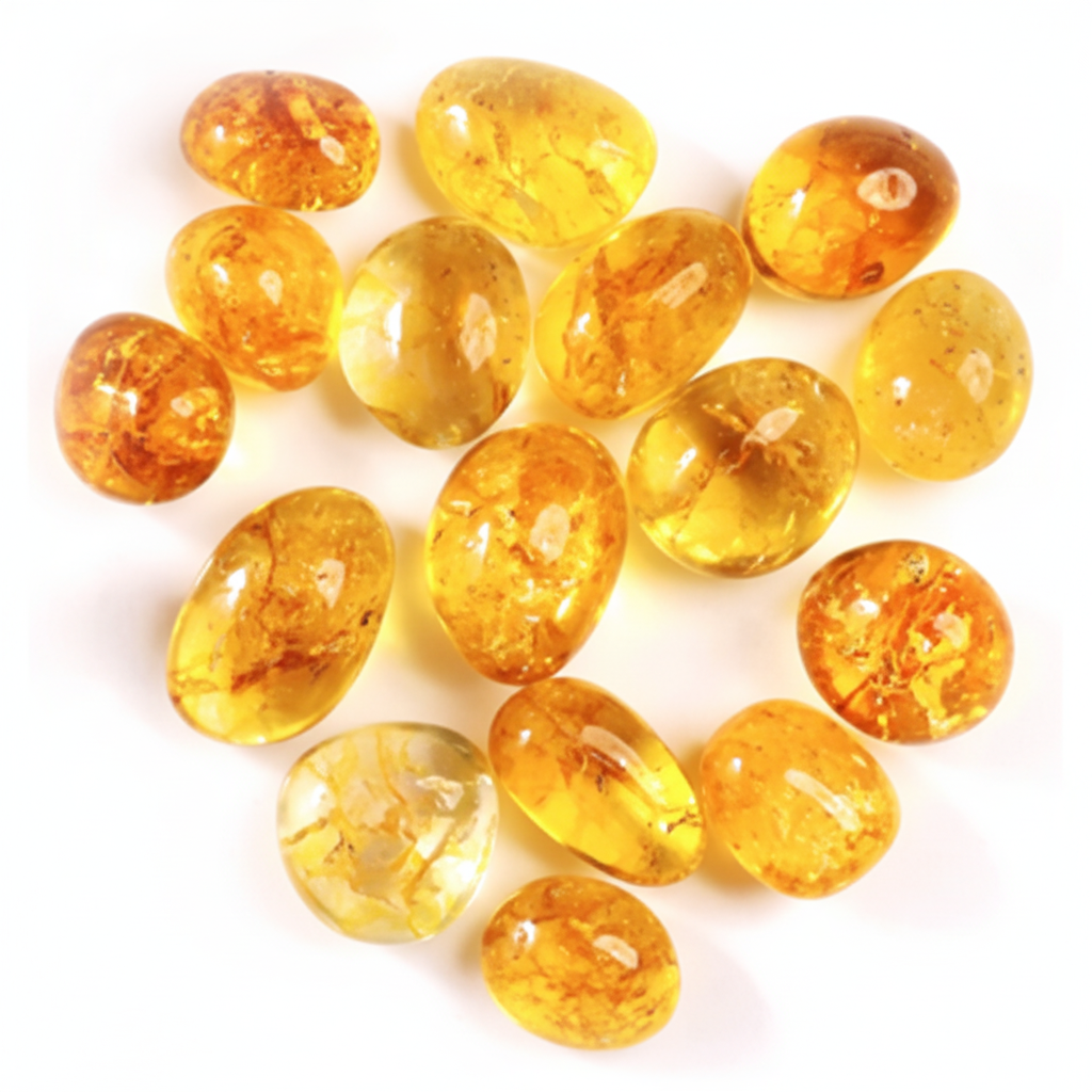 Close-up arrangement of Citrine tumble stones on a light background