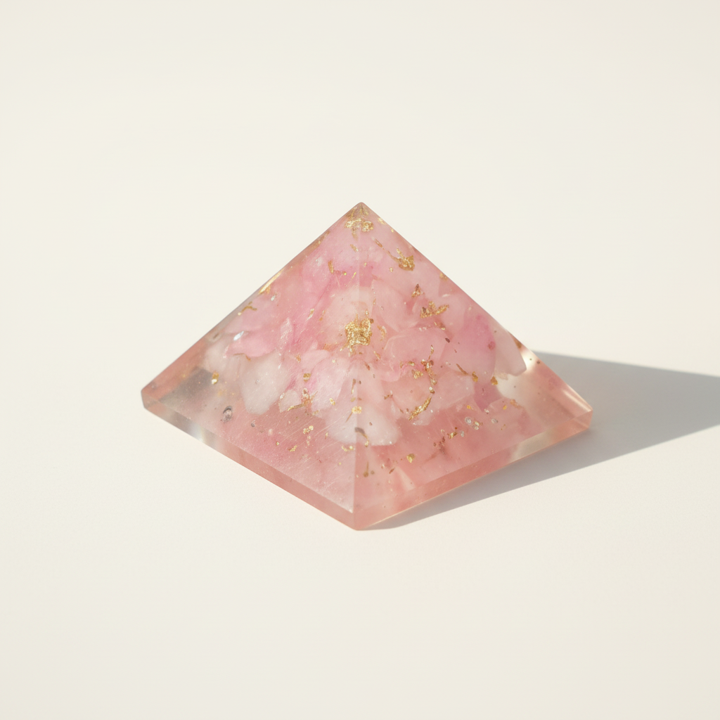 Elevated view of a soft pink Rose Quartz crystal pyramid with translucent facets