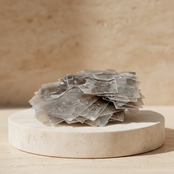 Layered silvery muscovite chips displayed on a light stone pedestal