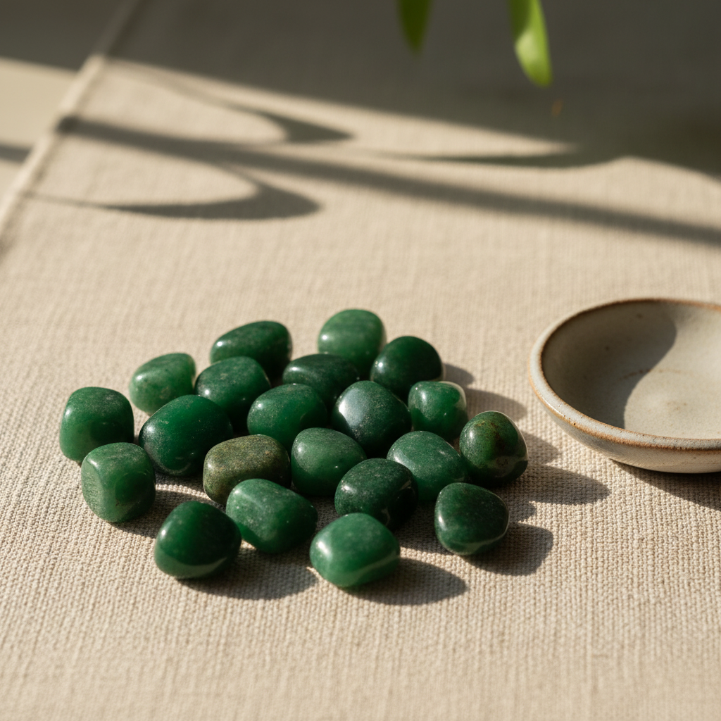 Polished Green Jade tumble stones arranged on a neutral linen surface