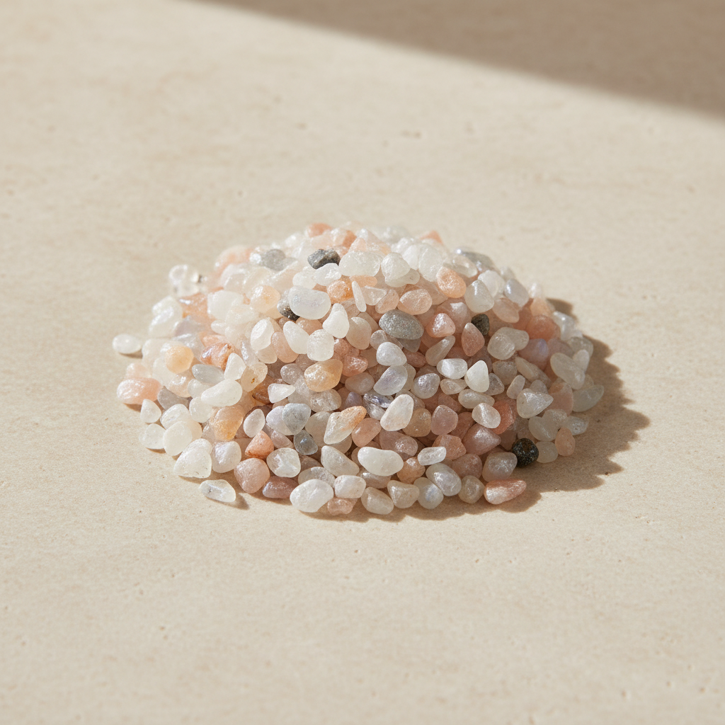 Multi-Moonstone Crystal Chips arranged on a warm neutral stone surface
