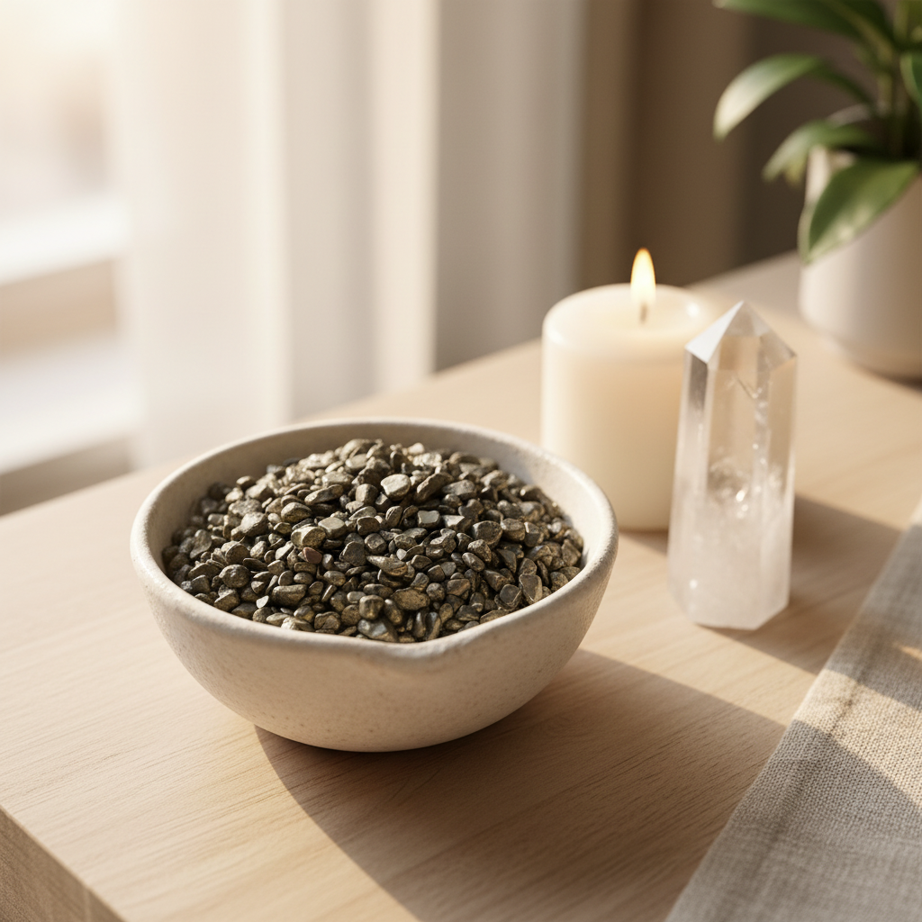 Pyrite Crystal Chips in a ceramic bowl in a calm spiritual home setting