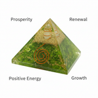 Green Peridot crystal pyramid with prosperity, renewal, positive energy and growth labels